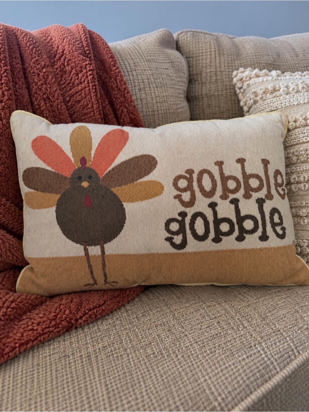 Vintage Thanksgiving Turkey Gobble Gobble Pillow Fall Autumn Harvest Decor 17.5